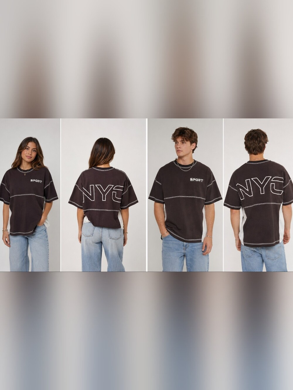 Spirit Jersey NYC Sport Oversized Graphic Tee XS NWT Brown White Contrast Stitch